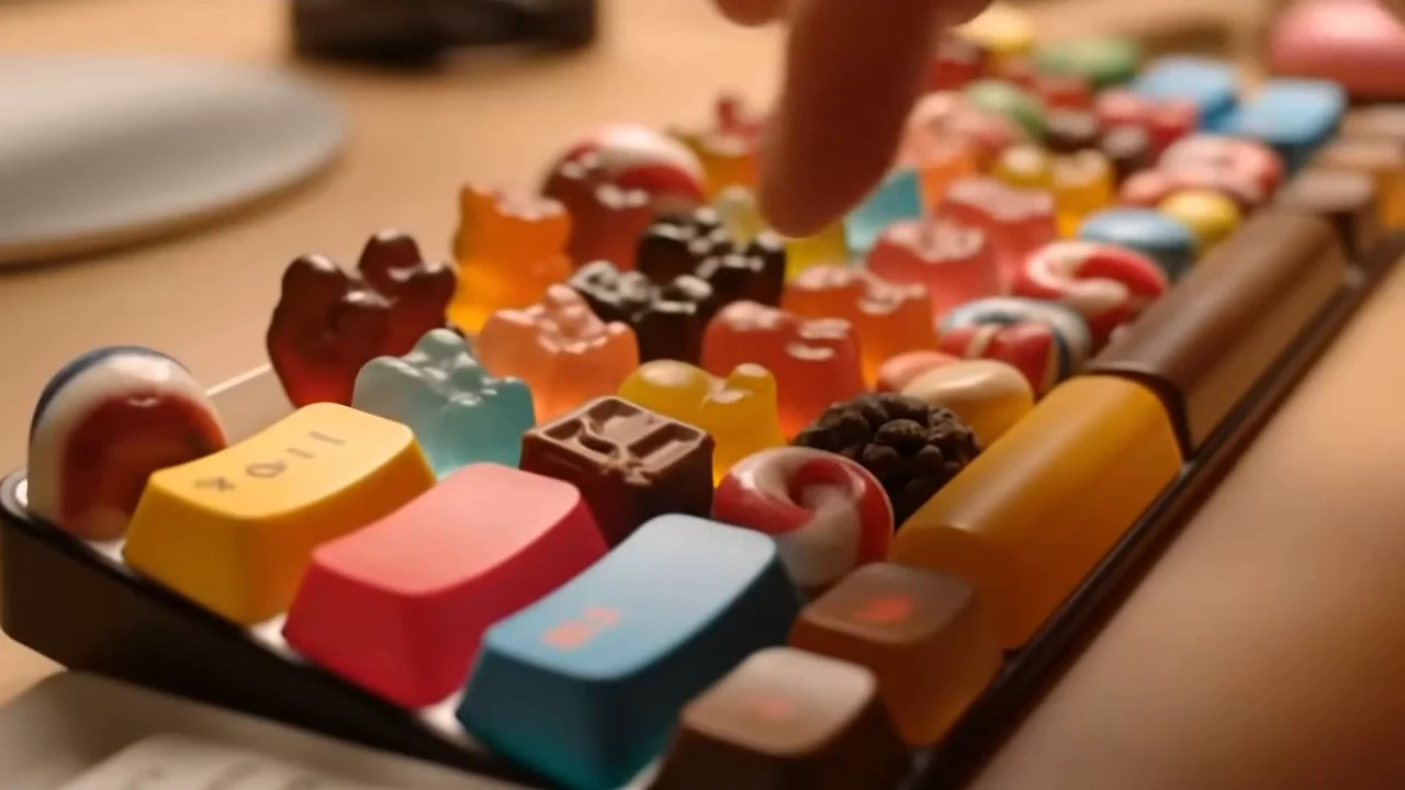 Reference demo clip showing a close-up of fingers pressing colorful candy-shaped keyboard keys.