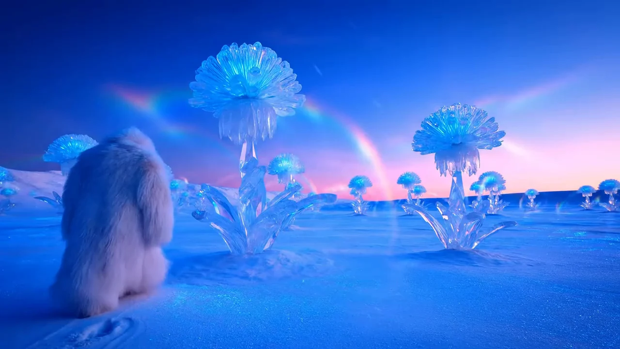 Reference demo scene of glowing crystal flowers and furry creatures in a blue and purple fantasy world.